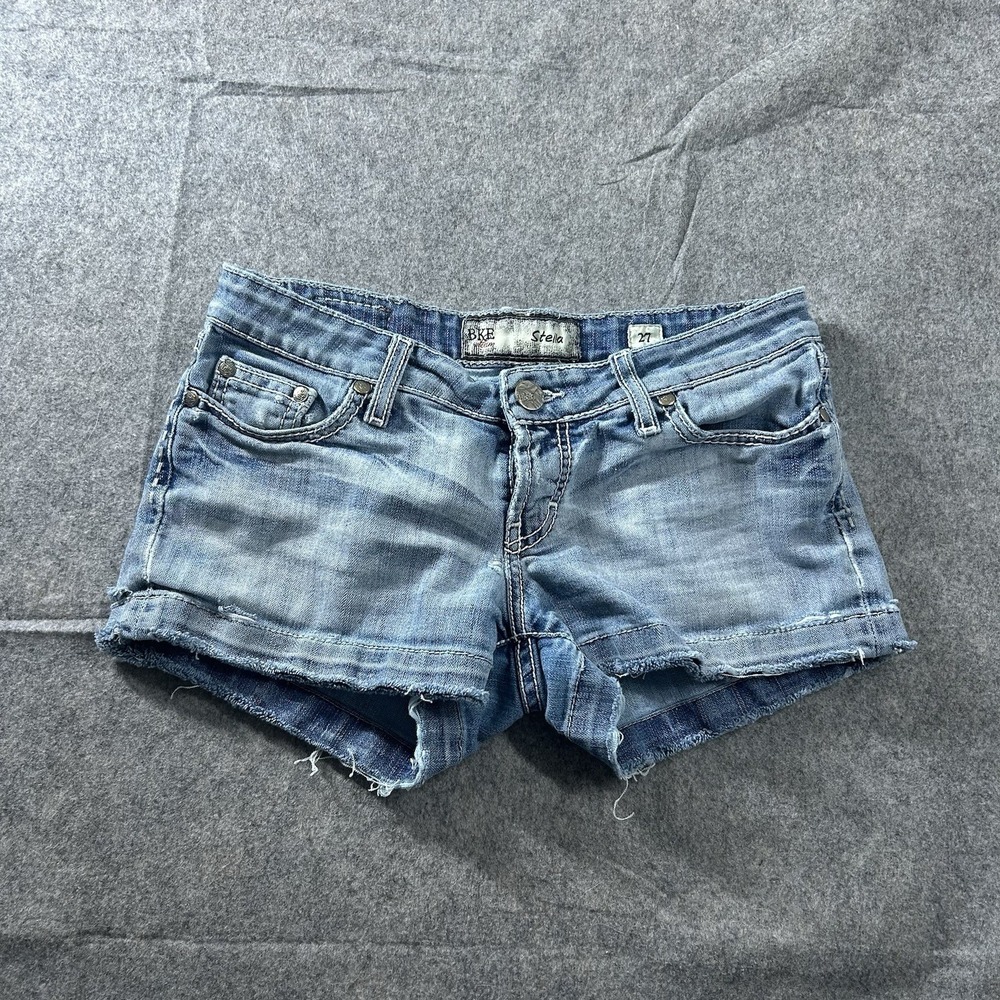 BKE Stella Low Rise Denim Shorts Women's 27 Y2K Thick Stitch Cowgirl Distressed
